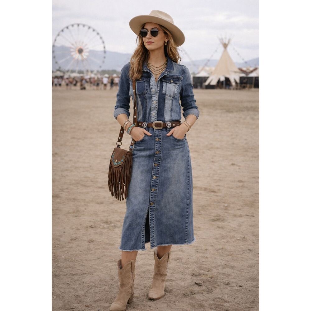 Wash Lab Denim Midi Dress Jean Patchwork Medium Western Boho Cowgirl Blue